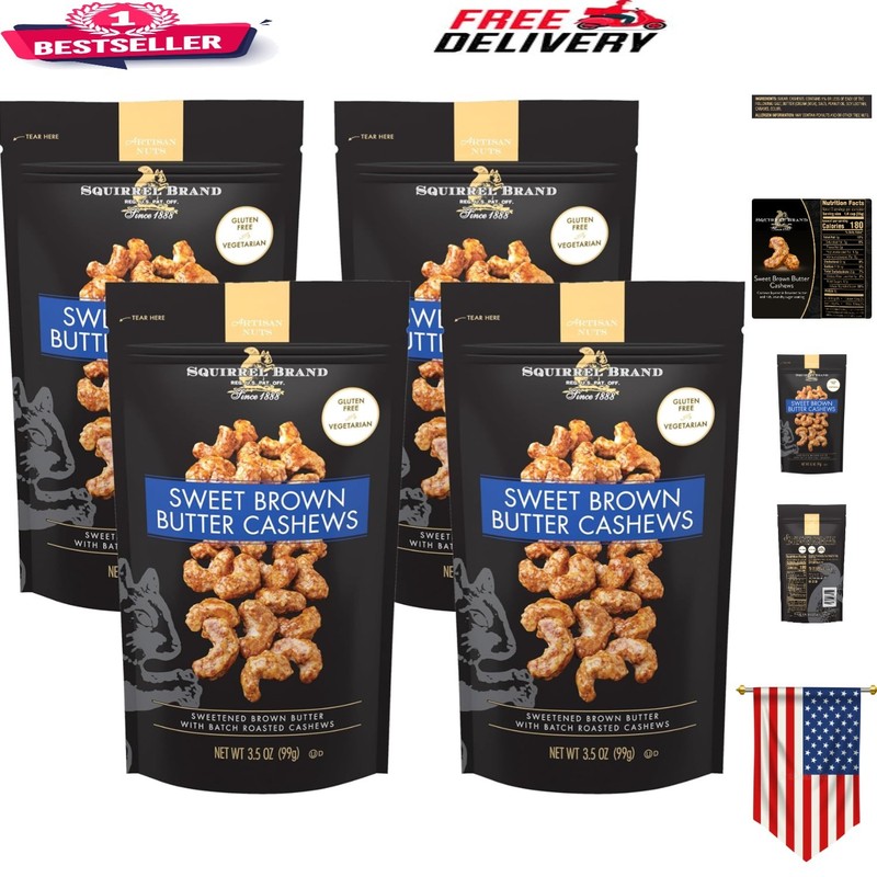 Pack of 4 Sweet Brown Butter Cashews in Resealable 3.5 Oz Bags – Vegetarian
