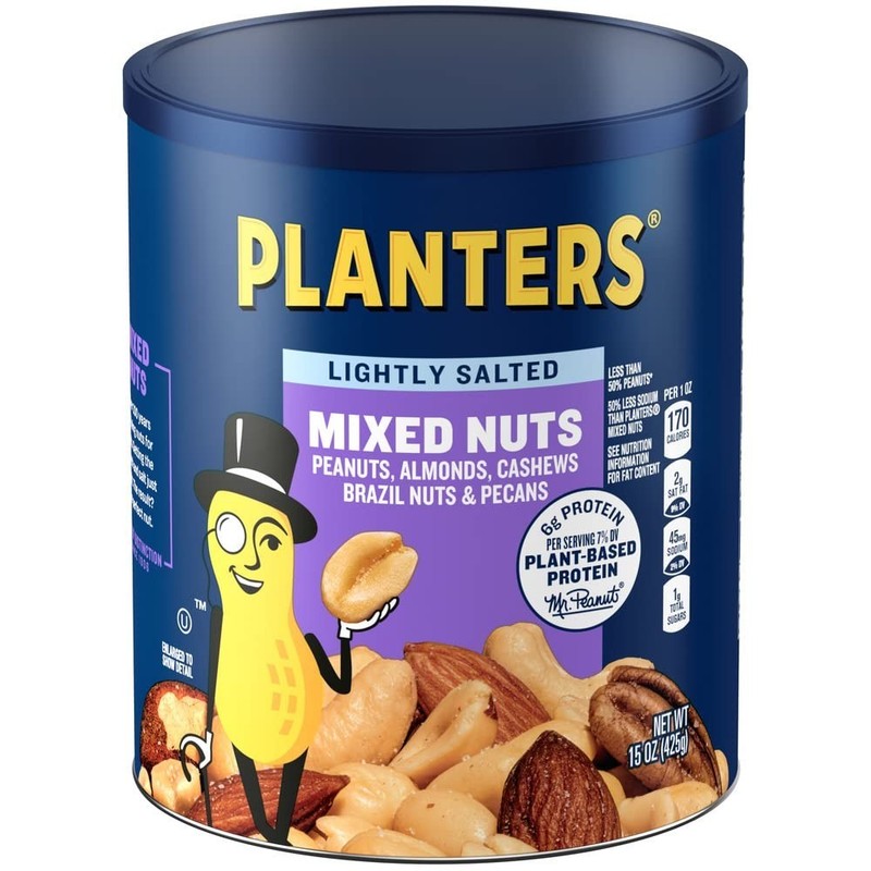 PLANTERS Lightly Salted Mix Nuts, Party Snacks, Plant-Based Protein, 15 Oz Canis