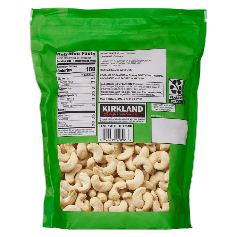 Kirkland Signature Organic Whole Cashews, Unsalted, Unroasted, 2.5 lbs gallery