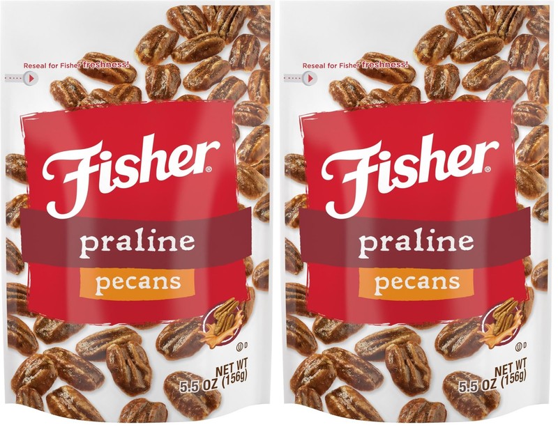 Fisher Snack Praline Pecans, 5.5 oz, Resealable Pouch, Mammoth Candied Pecans, P