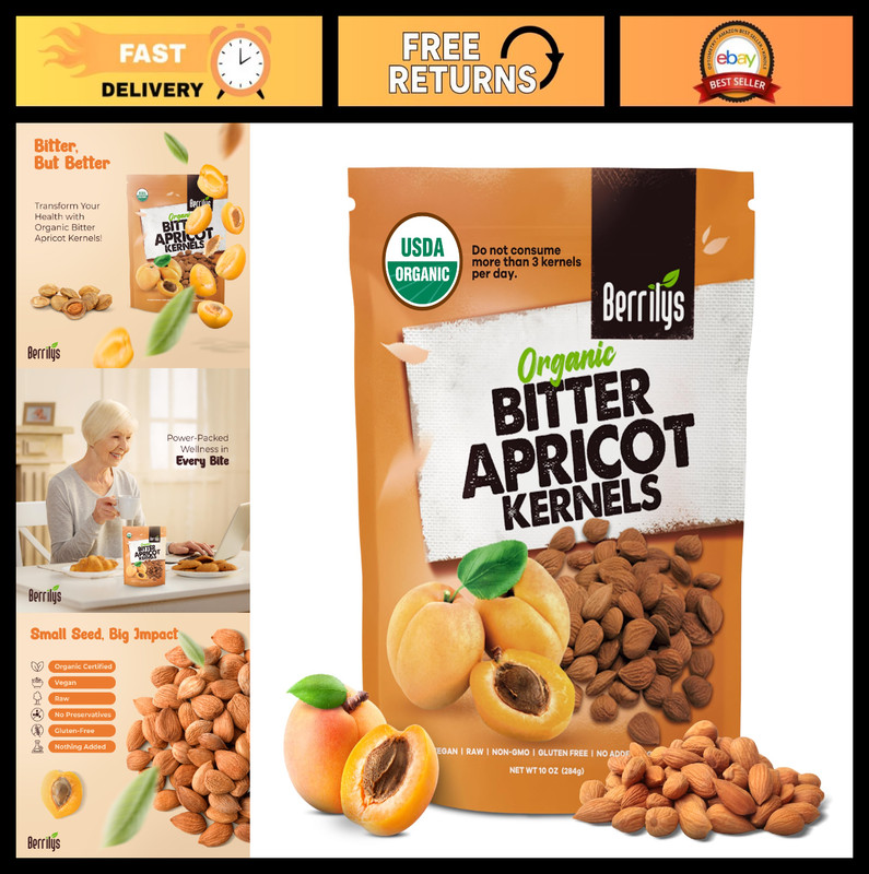 Organic Bitter Apricot Kernels – Non-GMO, Natural, Premium Quality Seeds – 10 oz