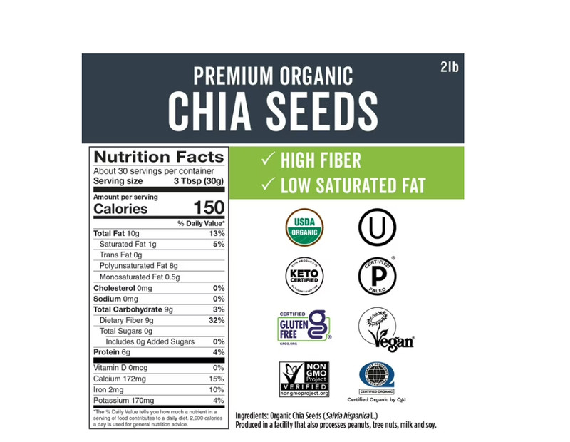 Organic Chia Seeds 2 LBs - Plant-Based Omega-3 and Vegan Protein, Non-GMO Chi gallery