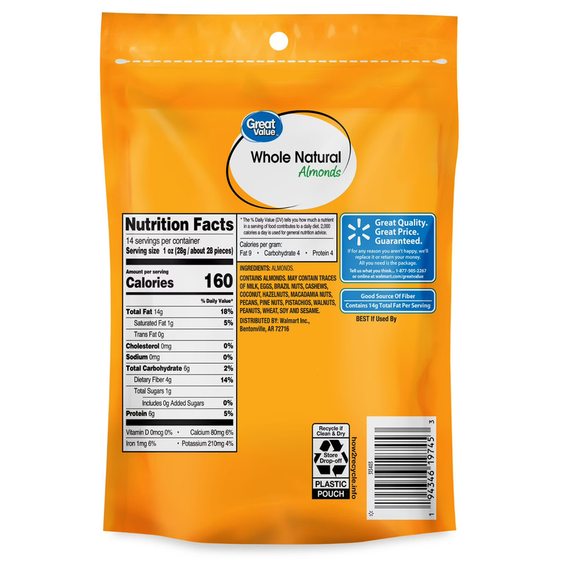 Great Value Whole Natural Almonds, 14 oz gallery