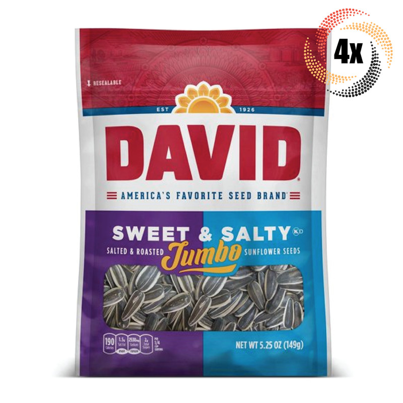 4x David Jumbo Sweet & Salty Flavor Sunflower Seed Bags 5.25oz Salted & Roasted!