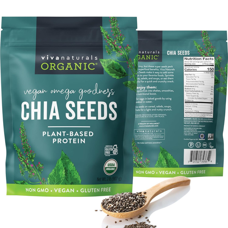 Organic Chia Seeds, 2 Lb (907 G) – Plant-Based Omega-3 and Vegan Protein, Gluten
