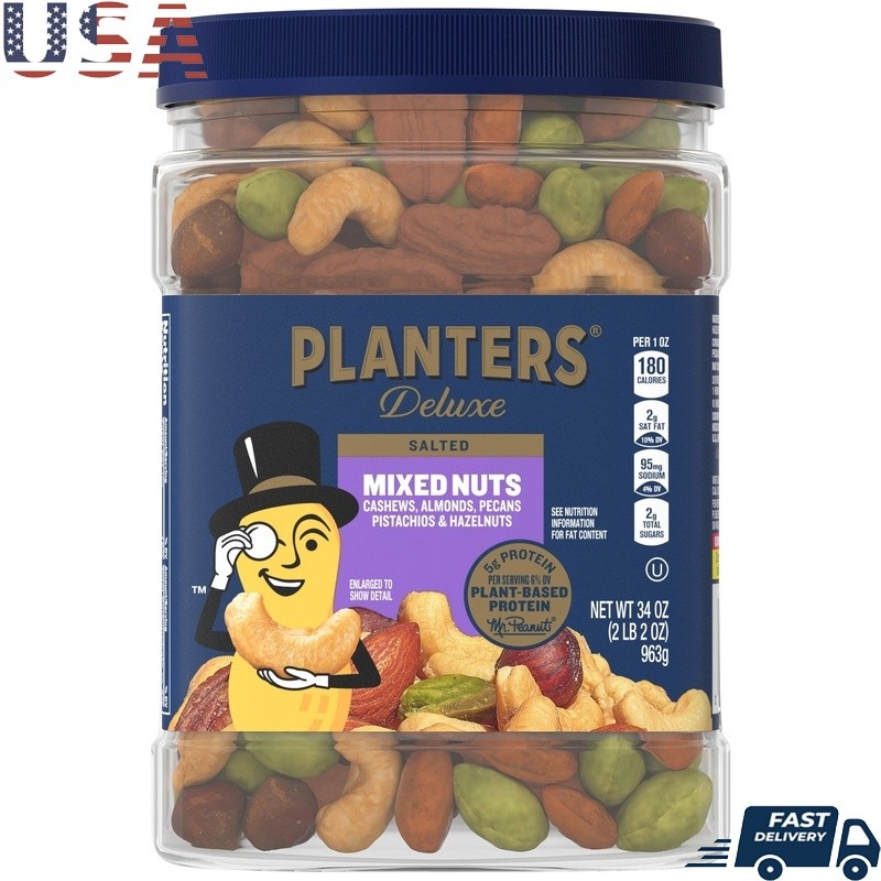 Deluxe Salted Mixed Nuts Roasted Cashews Almonds Pecans Pistachios Snack 34oz US