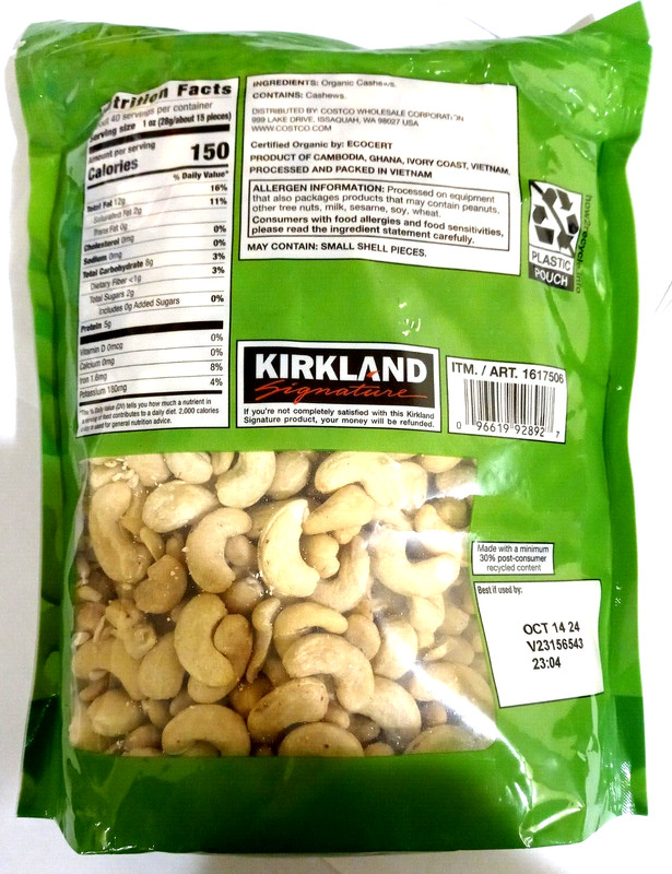 Kirkland Signature ORGANIC WHOLE CASHEWS Unsalted Unroasted 40 oz EXP 05/2025 gallery