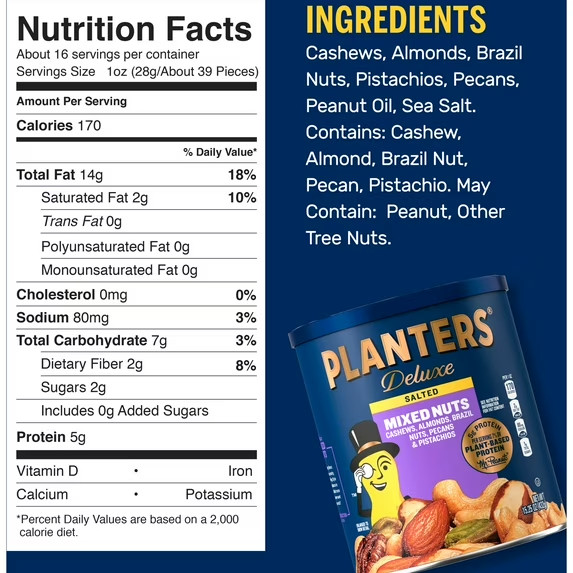 Planters Deluxe Mixed Nuts, Plant Based Protein, 15.25 oz Canister gallery
