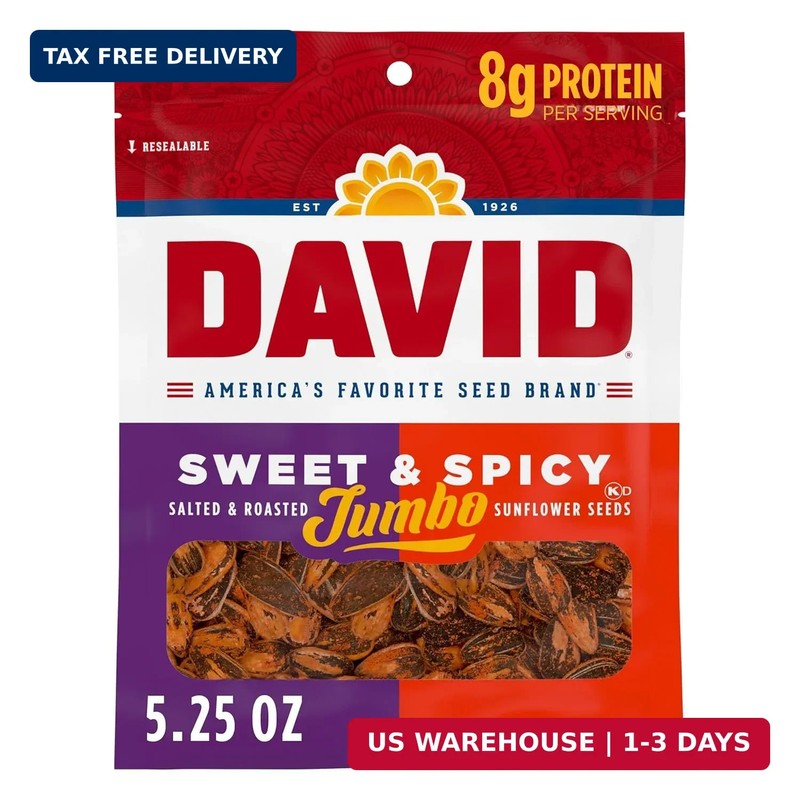 DAVID Roasted and Salted Sweet and Spicy Jumbo Sunflower Seeds, 5.25 oz, 12 Pack