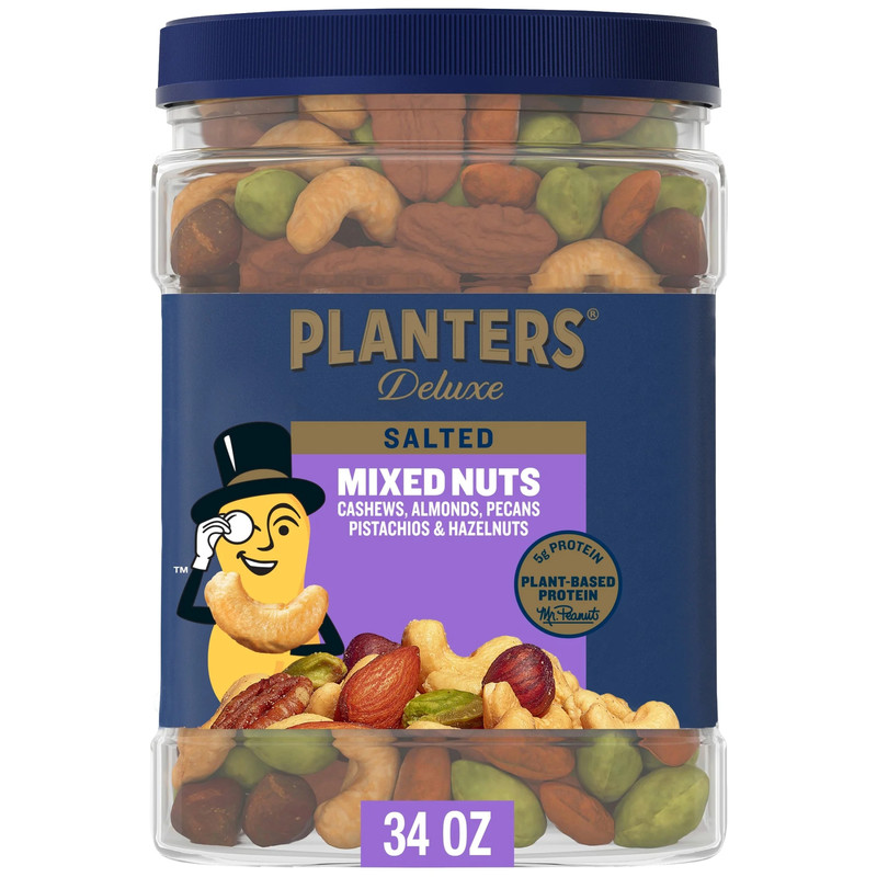PLANTERS Deluxe Salted Mixed Nuts, Party Snacks, Plant Based Protein, 34 oz Plas gallery