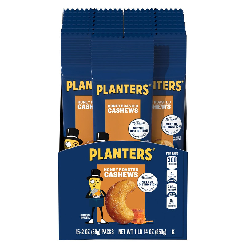 PLANTERS Deluxe Honey Roasted Whole Cashews, Party Snacks, Plant-Based Protein,
