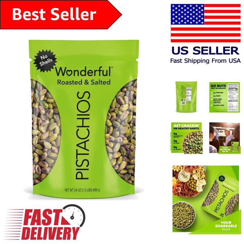 Irresistible Roasted Pistachios – No Shells, 24oz Resealable Bag of Pure Flavor