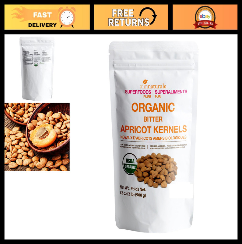 Organic Bitter Apricot Kernels 2 LB - Raw, USDA Certified, Healthy Snack, Turkey