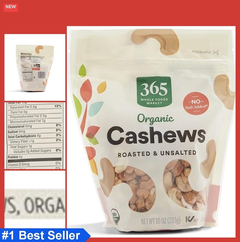 Organic Roasted Unsalted Cashews 10 Ounce Resealable Bag Vegan Healthy Snack
