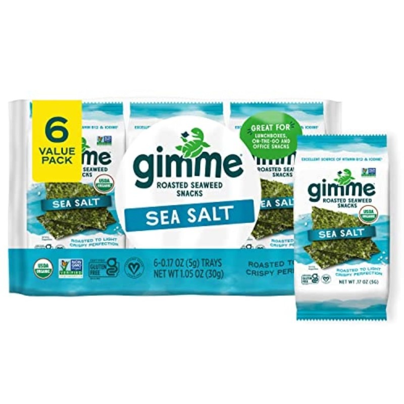 Gimme Seaweed Organic Roasted Snack, Sea Salt, 6Ct, Keto, Vegan, GF.