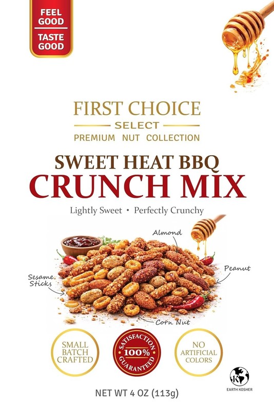 First Choice Candy Sweet Heat BBQ Crunch Mix , Almonds, Peanuts, Corn Nuts 4 Oz