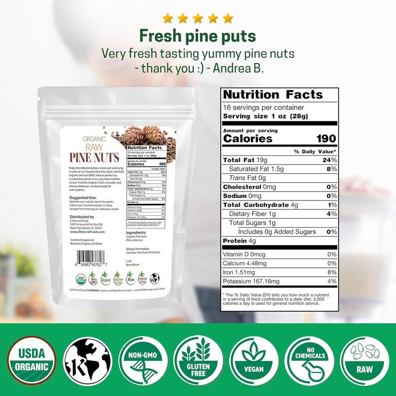 Z Natural Foods Organic Pine Nuts - Raw Nutrient-Dense Superfood Packed in Airti gallery