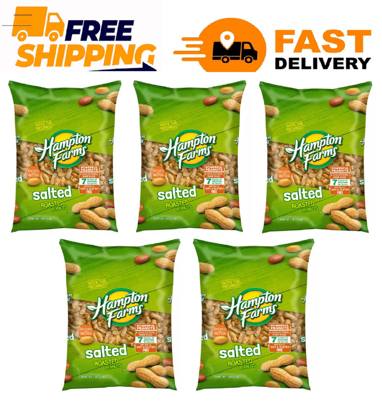 5 PACK - Hampton Farms Salted In-Shell Peanuts 5 lb (Total 25 lbs) FRESH!!