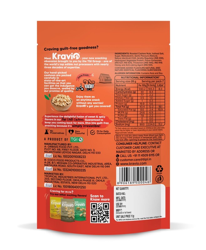 Kravio Thai Chilli Cashew Nuts 200g | Jumbo Roasted Spicy Healthy Kaju Snack gallery