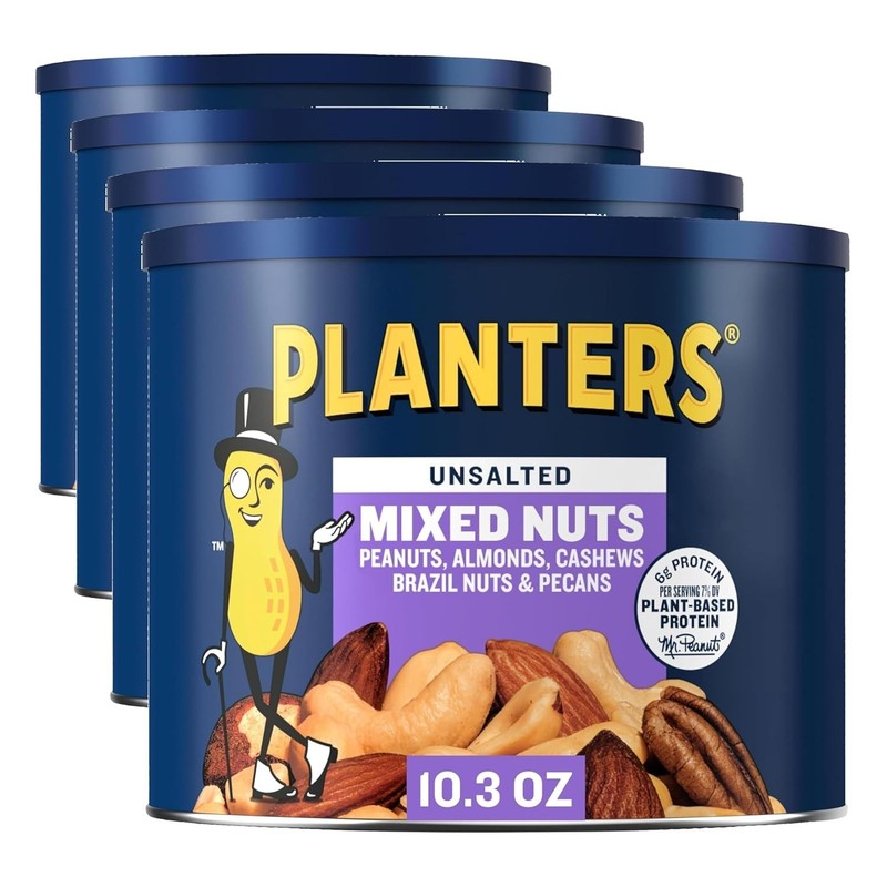 Mixed Nuts Unsalted 10.3 oz Canister Pack of 4 Plant-Based Protein Snack gallery