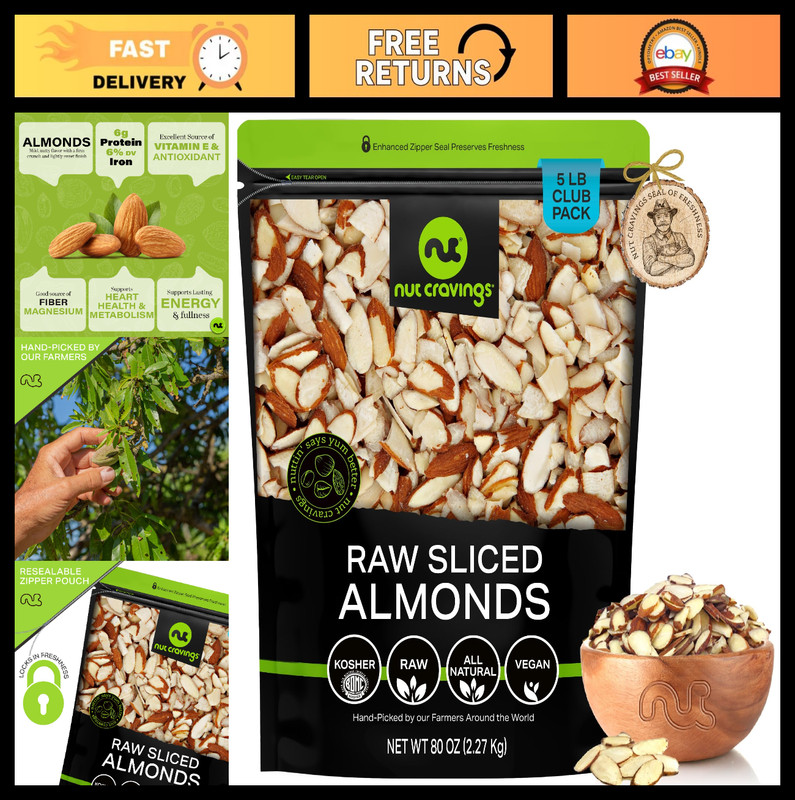 Natural Sliced Almonds 80oz – Raw & Fresh in Resealable Bag – Healthy Nut Snack