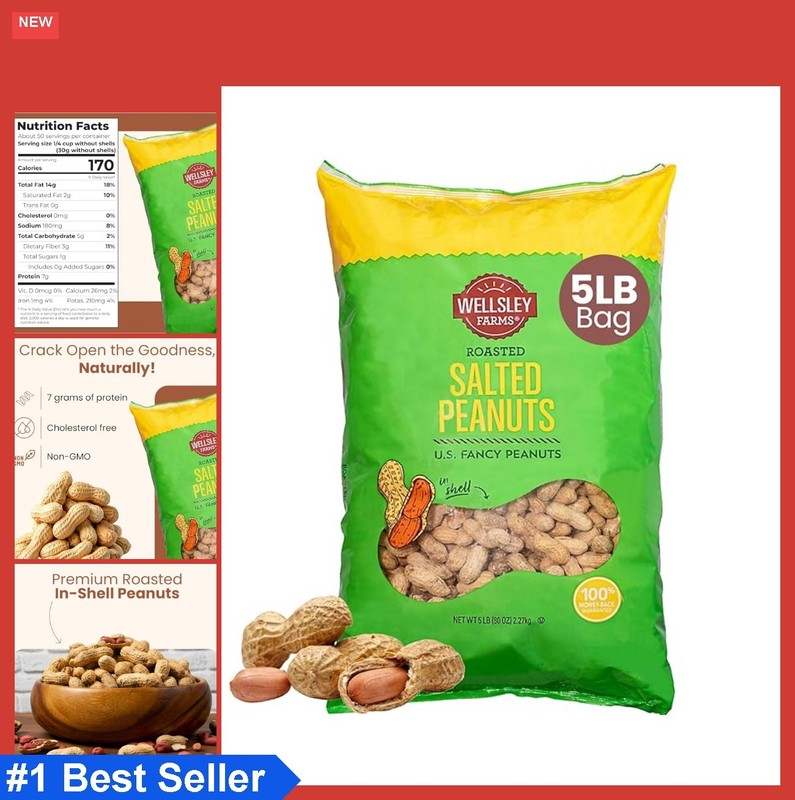 Salted Roasted Peanuts In Shell 5 lb Bag USA Grown Non-GMO Gluten Free Vegan