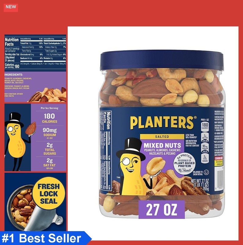 Mixed Nuts Salted 27 oz Resealable Jar Peanuts Almonds Cashews Pecans Less Than