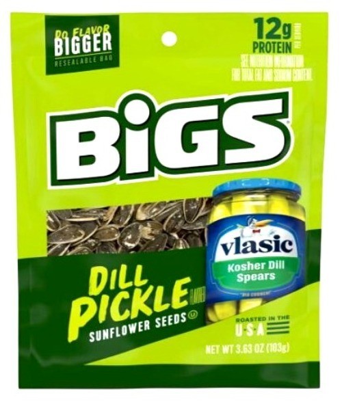 3.63 Oz BIGS Vlasic Dill Pickle Flavor Sunflower Seeds 12G Protein Savory Snack