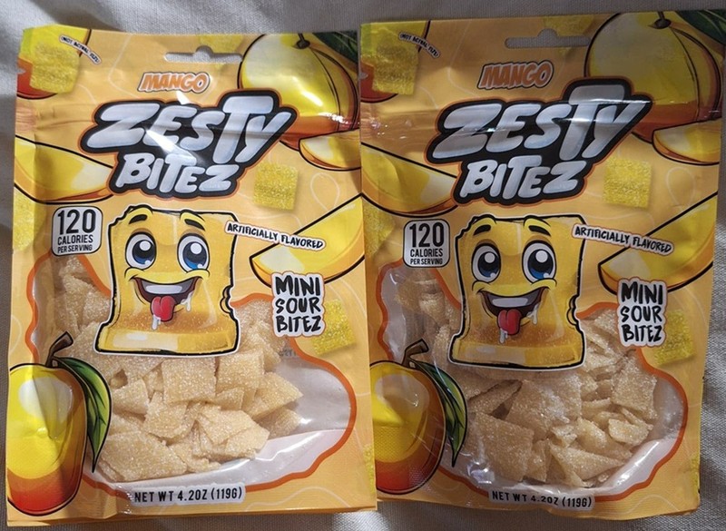 2 ~ Zesty Bitez Sour Candy Bite-Sized Sour Belts Thin Sour Strips Vegan Mango