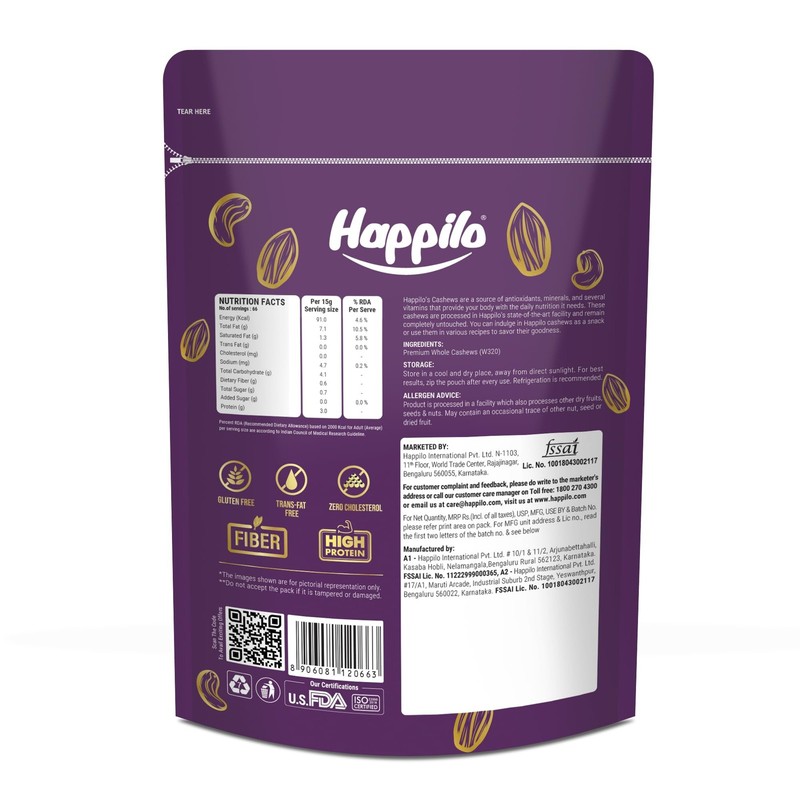 Happilo Whole Cashews 1Kg |Premium Unsalted Kaju Healthy Protein Rich Dry Fruits gallery