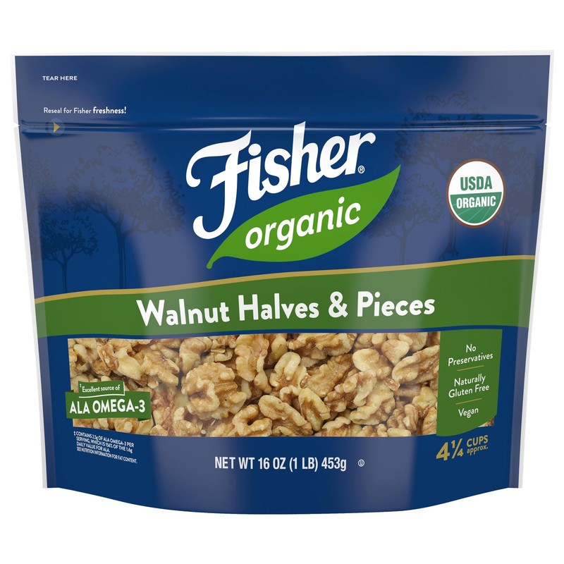 Fisher Organic Walnut Halves & Pieces 16 oz, USDA Certified Organic Nuts, Uns...
