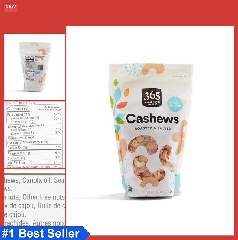 Roasted Salted Cashews 16 Ounce Bag Whole Cashews Snack Protein Trail Mix