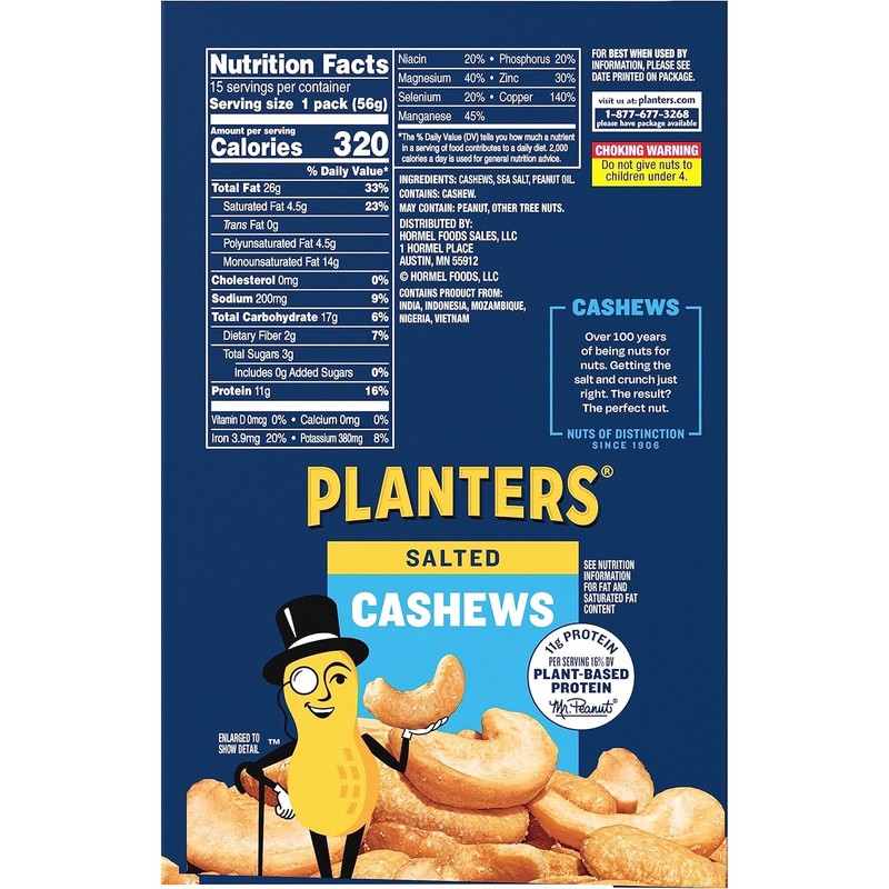 PLANTERS Salted Cashews, Roasted Cashews, Snacks for Adults, 2 oz Packages, 15 C gallery