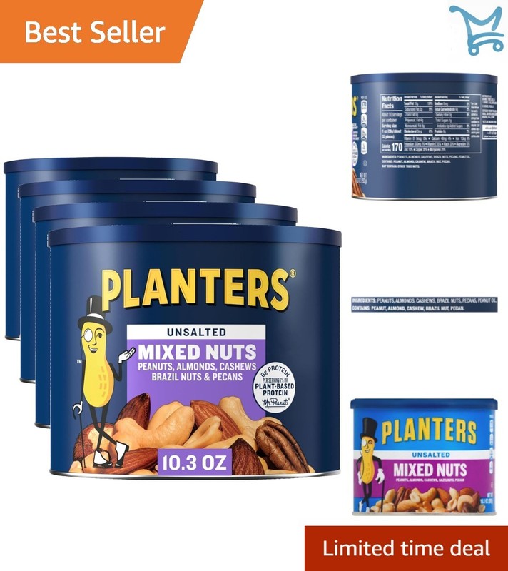 Mixed Nuts Unsalted 10.3 oz Canister Pack of 4 Plant-Based Protein Snack