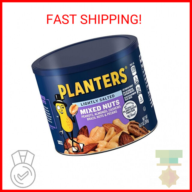 PLANTERS Lightly Salted Mix Nuts, Party Snacks, Plant-Based Protein, 10 Oz Canis