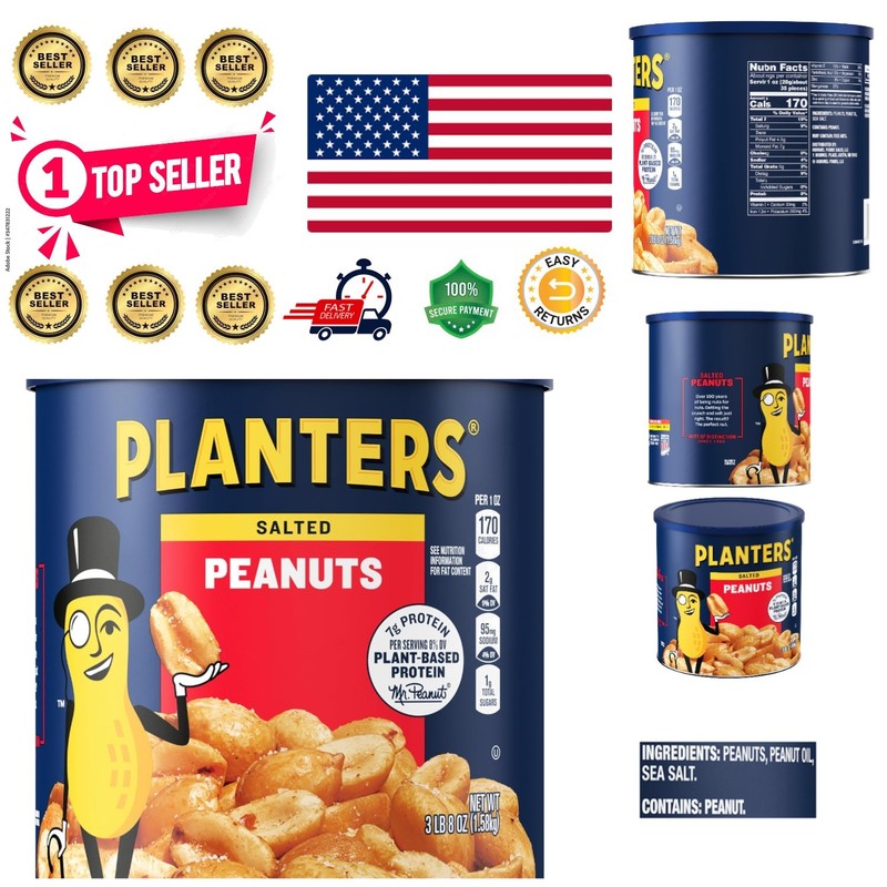 Large Canister of Planters Salted Peanuts – Flavorful Nut Snack for Everyone