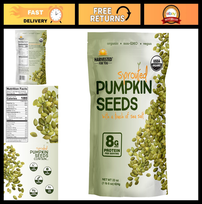 Sea Salted Sprouted Pumpkin Seeds 22oz – Non-GMO, Gluten-Free, Vegan, Organic, K