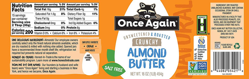 Natural Crunchy Almond Butter, 16Oz - Roasted - Salt Free, Unsweetened - Gluten gallery