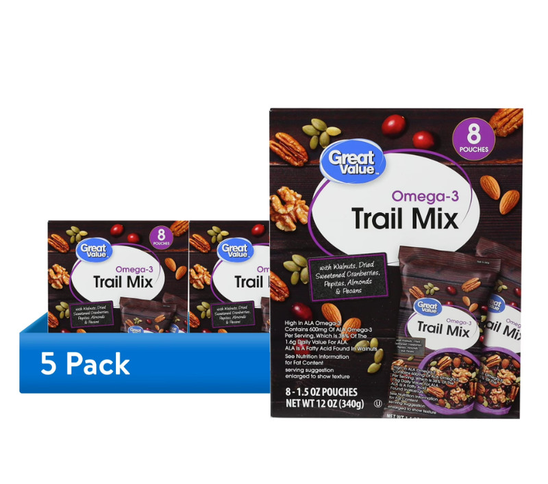 (5 pack) Great Value Omega-3 Trail Mix, 1.5 oz, 8 Count